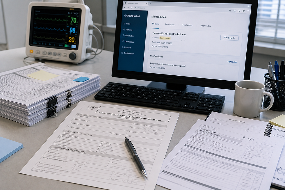Imagen hiperrealista que ilustra el proceso de devolución de pago ante el INVIMA: formulario de solicitud de registro sanitario en primer plano con bolígrafo, pantalla de la Oficina Virtual del INVIMA mostrando un trámite de renovación en estado de revisión con notificación de requerimiento de información adicional, informe técnico a la derecha y monitor de signos vitales como referencia al sector de dispositivos médicos al fondo.