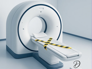 Tomógrafo y camilla con cinta de advertencia: riesgo de suspensión de registro sanitario INVIMA por control posterior tras modificaciones automáticas