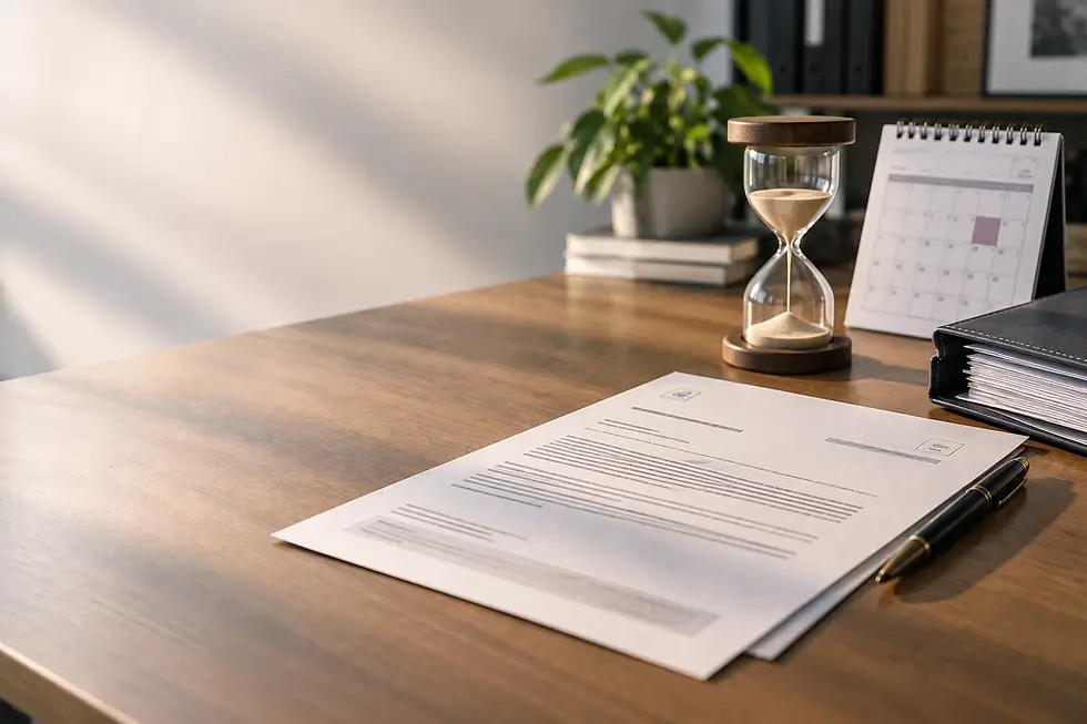 Escritorio de madera con un documento oficial, un reloj de arena con la arena cayendo y un calendario de escritorio, junto a un bolígrafo y una carpeta, bajo luz natural, que evocan un plazo que corre.