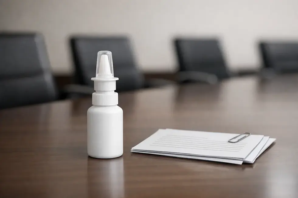 Spray nasal sin marca sobre mesa de sala de juntas vacía, junto a documentos tipo expediente. Representa la revisión documental y la ruta de evaluación para solicitudes regulatorias, incluyendo concepto técnico especializado, con enfoque en coherencia de soportes.