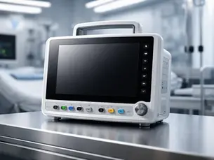 Monitor multiparámetro apagado en primer plano dentro de un entorno clínico moderno, con iluminación premium y fondo desenfocado tipo editorial. Imagen conceptual para un blog sobre clasificación de dispositivos médicos activos conforme al Decreto 4725 (artículo 7, Reglas 9 a 12), considerando finalidad prevista, función activa y criterios de riesgo.