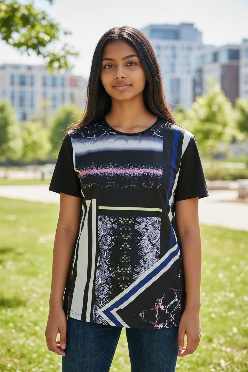 Thumbnail: Urban Abstract Graphic Tee with Side Zippers - Size L