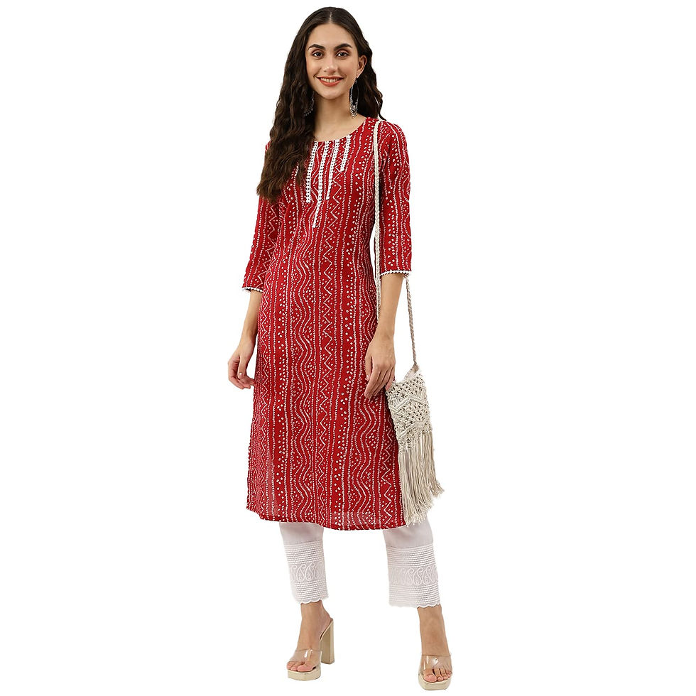 Thumbnail: Red & White Bandhani Print A-Line Kurti with Lace