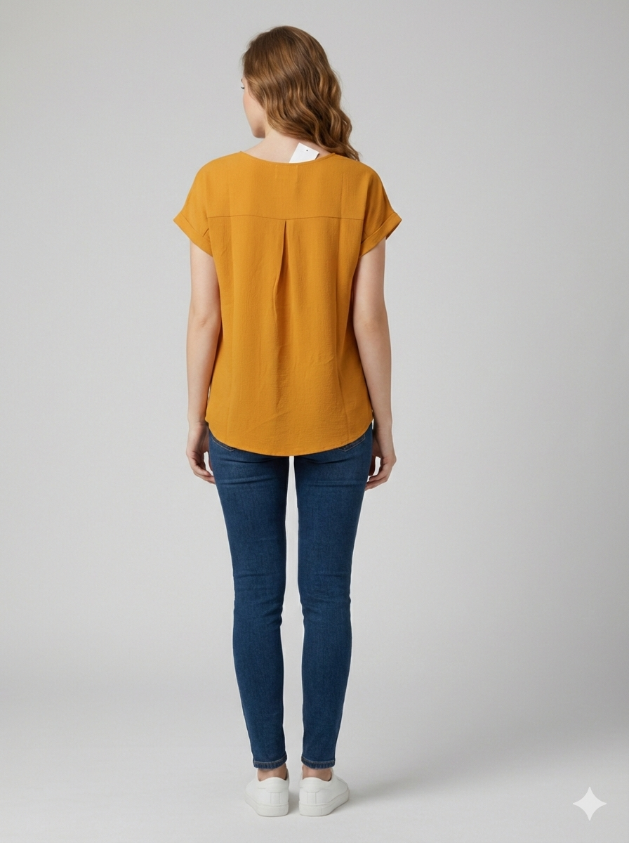 Thumbnail: Women's Mustard Textured Crepe Top with Side Button Detail (Export Surplus)