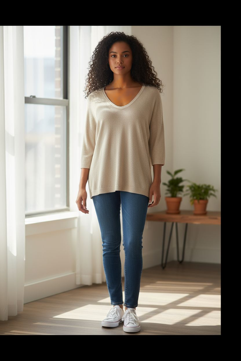 Shimmering V-Neck Relaxed Fit Knit Top