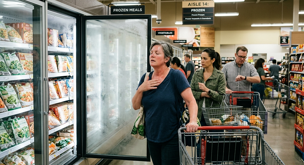 A midlife, menopausal woman standing in front of a freezer
