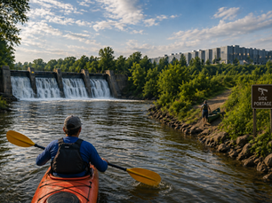 A kayaker on a fictitious river, facing man made obstacles such as a dam and a data center site.