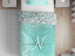 Top 10! Teal Brushed Metal Silver Glitter Monogram Name Duvet Cover
