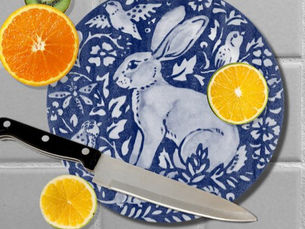 Best Deals! Cobalt Blue White Rabbit Hare Bird Floral Woodland Cutting Board