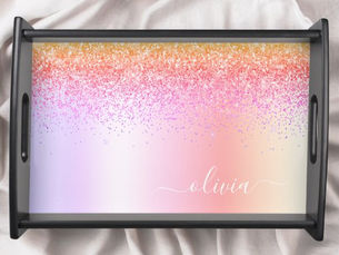 Hot Deals! Rainbow Pastel Girly Glitter Metal Monogram Name Serving Tray