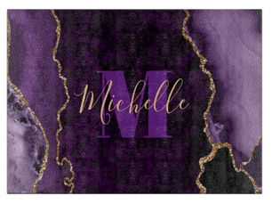 Best Deals! Purple & Gold Glitter Marble Agate Monogram Cutting Board
