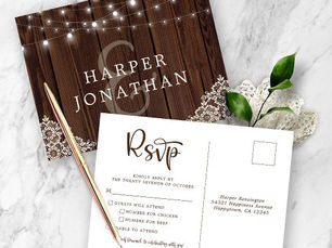 Big Deals! Rustic Wood String Lights Lace Wedding RSVP Postcard