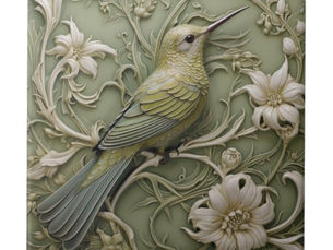 Big Deals! Art Nouveau Faux Relief Sage Green Hummingbird Ceramic Tile