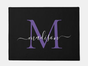 Best Deals! Elegant Black Purple Custom Monogram Script Name Doormat
