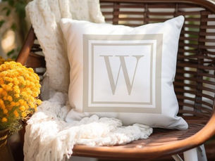 Review Light Beige and White Classic Square Monogram Outdoor Pillow
