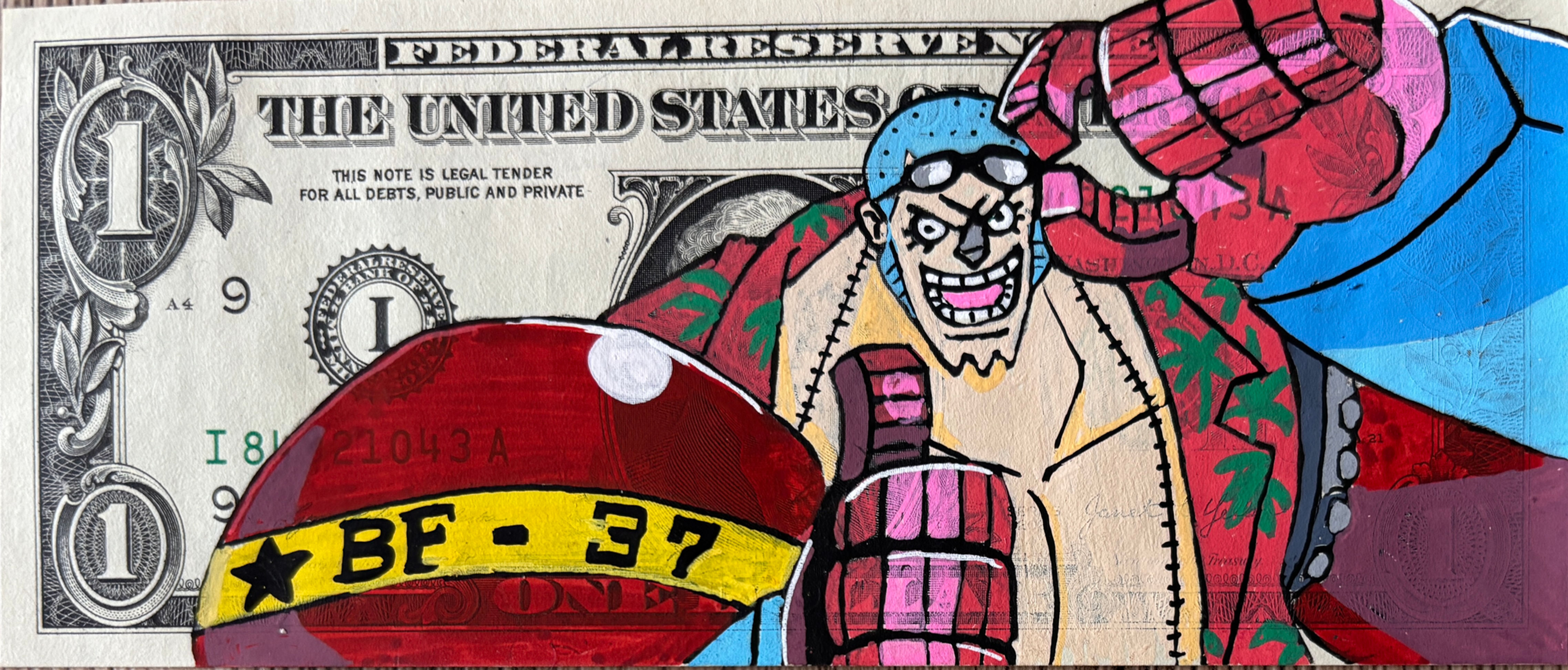 BENY  oeuvre originale  MANGA   ONE PIECE sur billet de 1 dollar