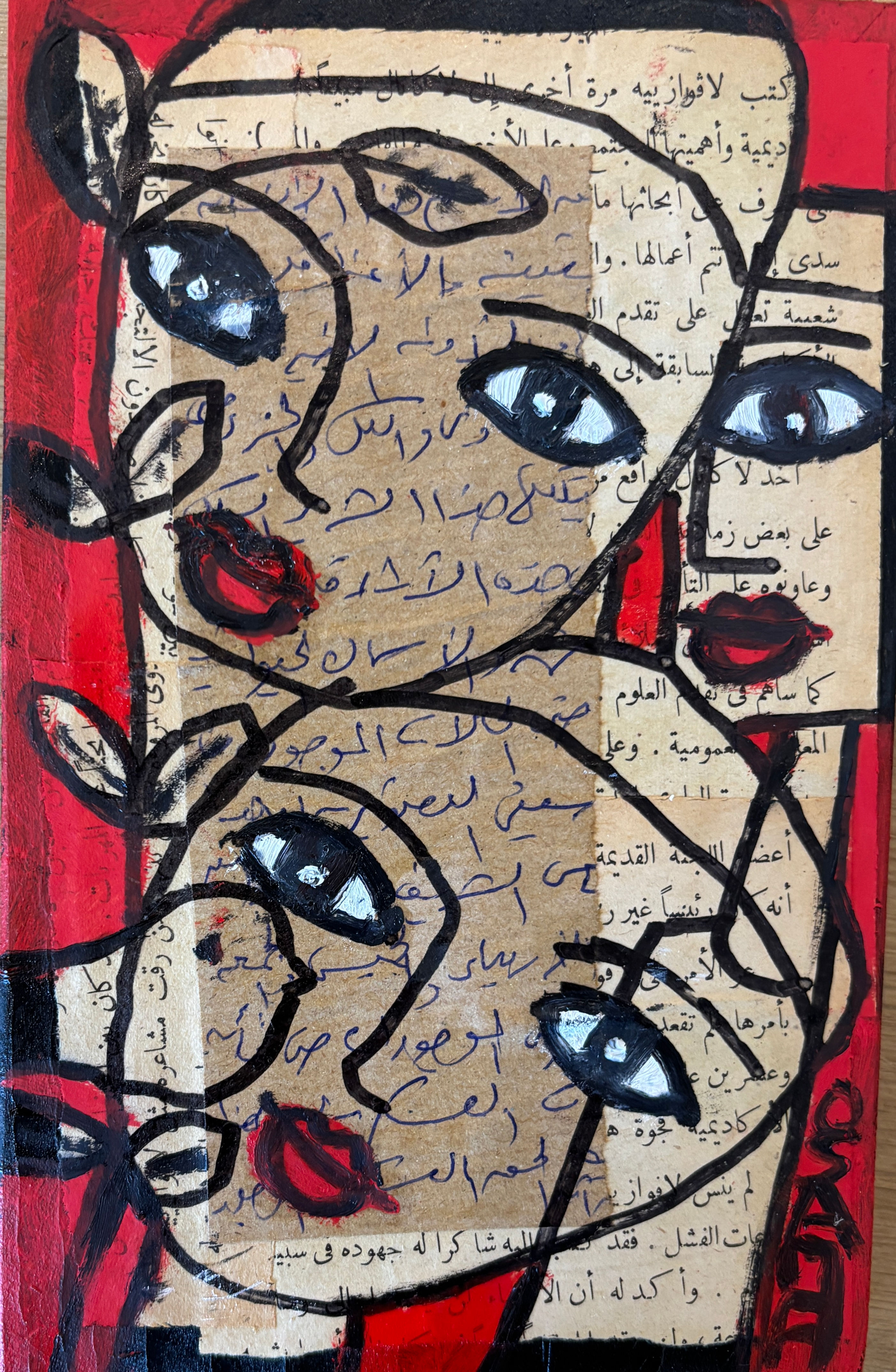 OSAMA TECHNIQUE MIXTE  sur bois 20X13cm