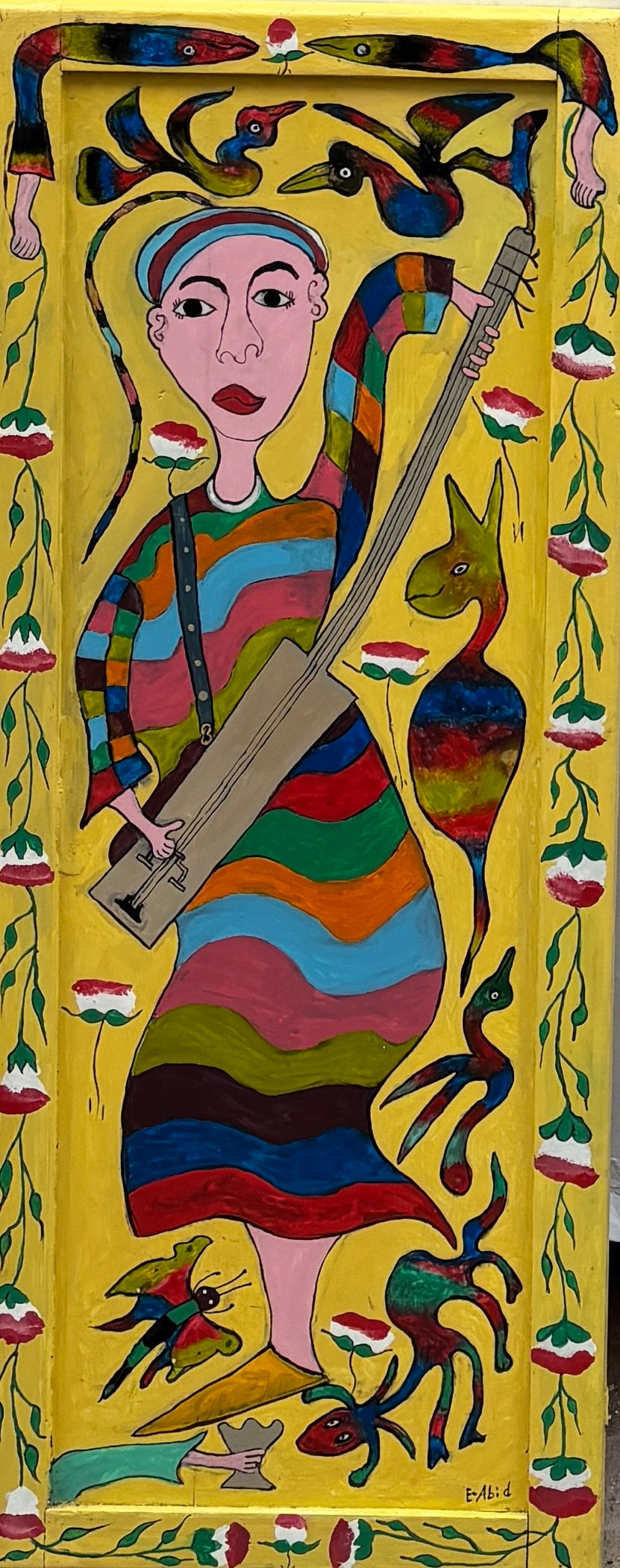 Abid EL GAOUZI Essaouira 37x95cm huile sur porte en bois