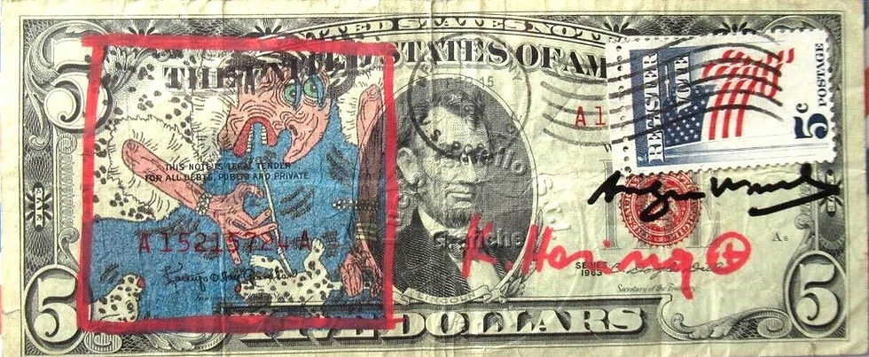 Miniature : RARE billet 5 DOLLARS signé  KEITH HARING et Andy WARHOL