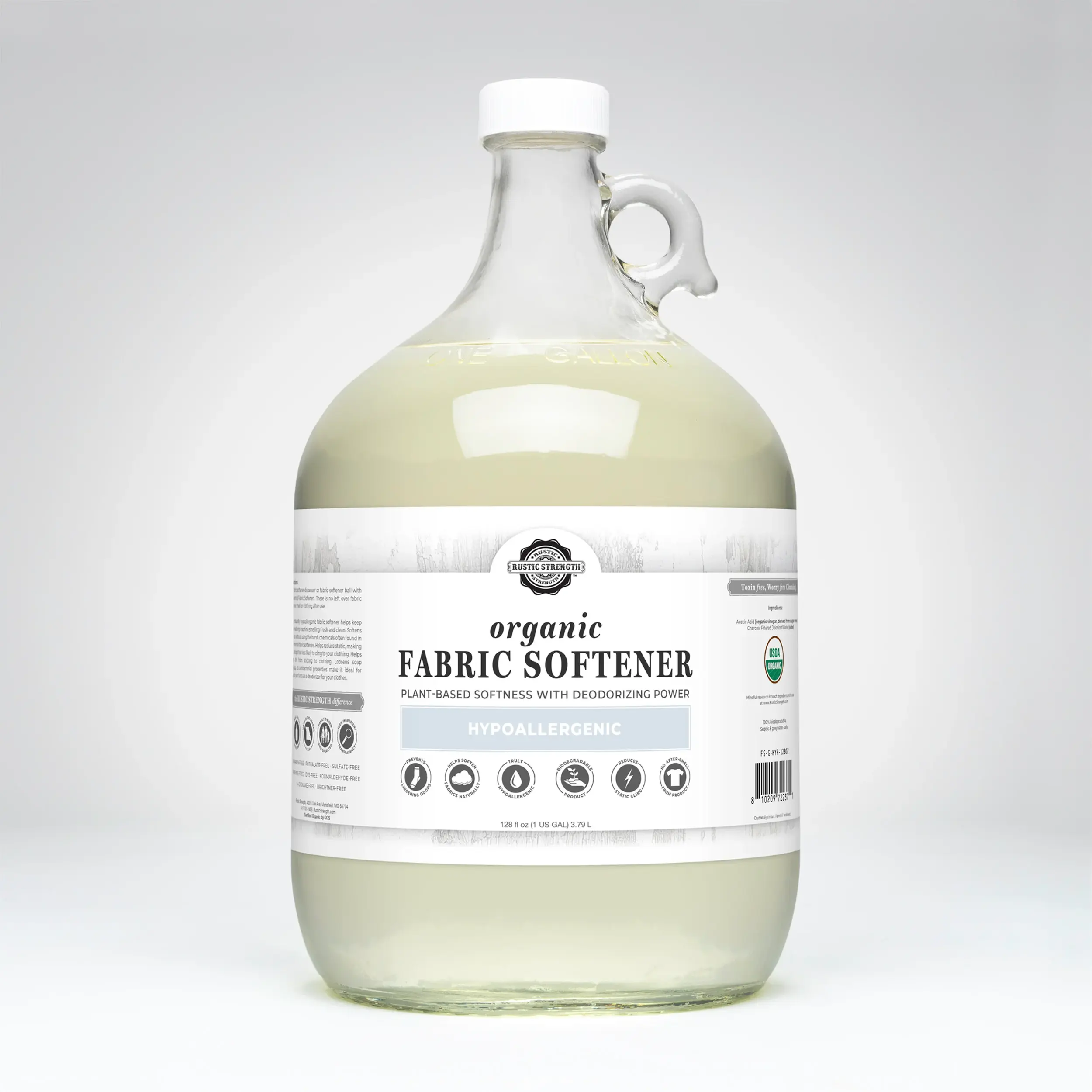 Organic fabric softener in glass jug by Rustic Strength