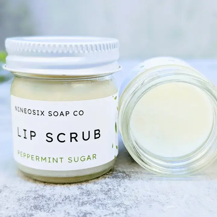 Peppermint Sugar Lip Scrub in small glass jars.