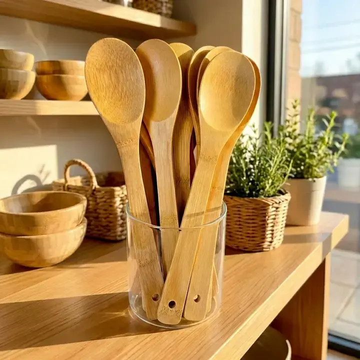 Wooden spoons in a glass on a kitchen shelf