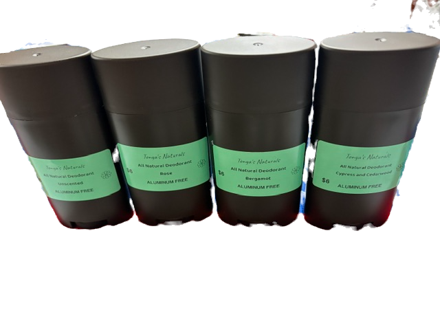 Four Tonya's Naturals all natural deodorant sticks.