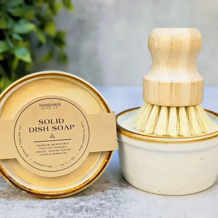 Solid dish soap and scrubbing brush