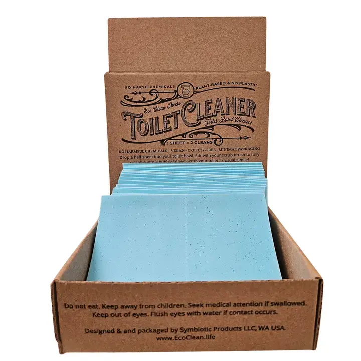 Open box of blue Eco Clean sheets with 'TOILET CLEANER' label
