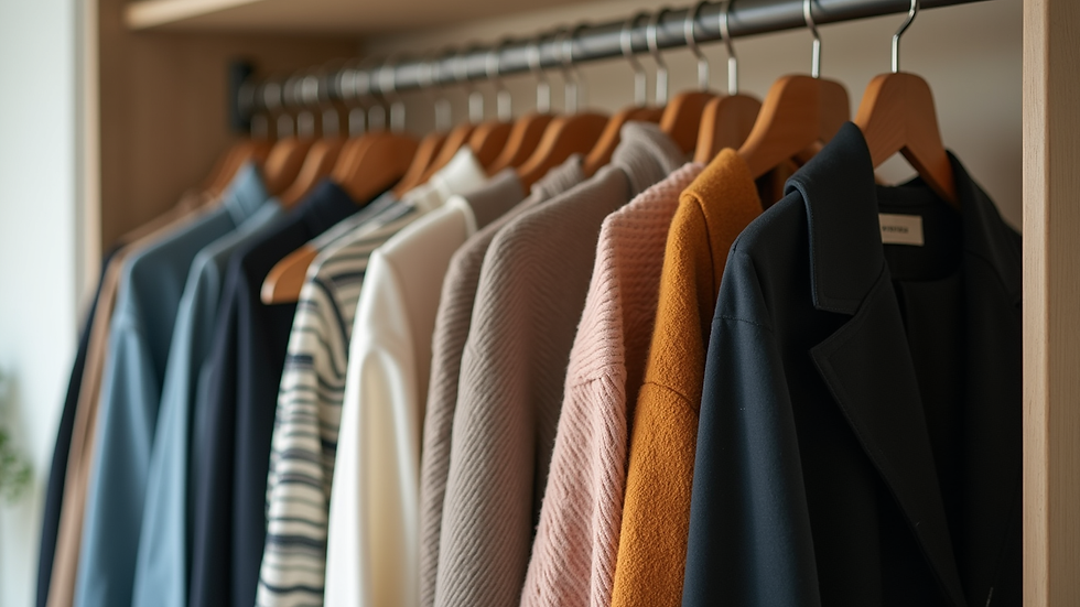 Close-up view of a curated clothing rack with stylish outfits
