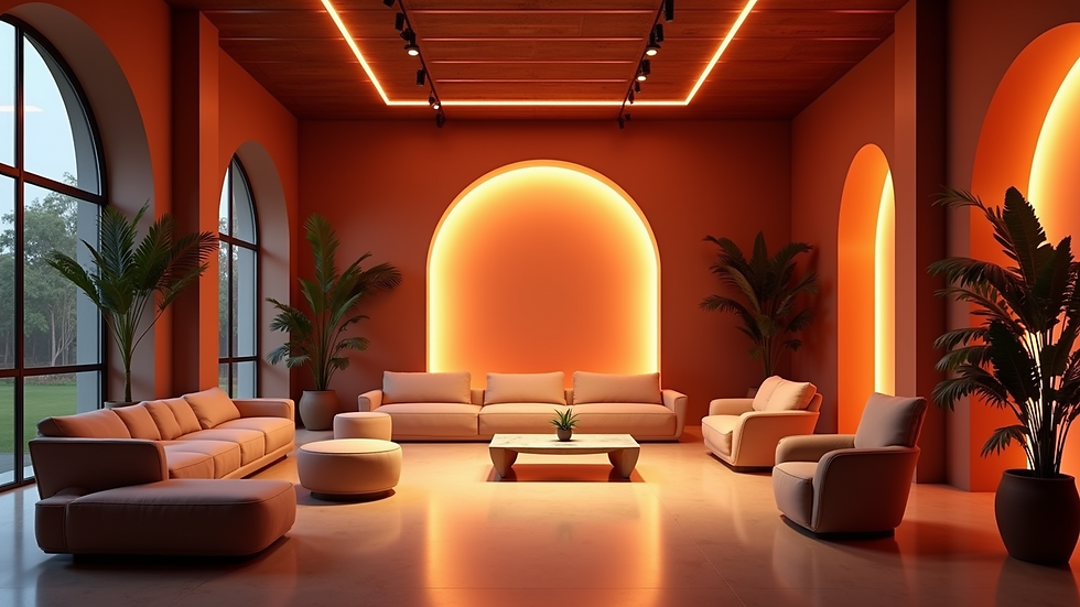 Eye-level view of a modern event set with sleek furniture and ambient lighting