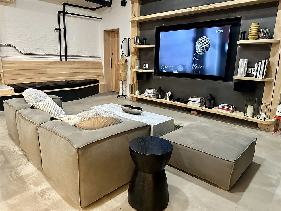 The stylish and comfortable lounge area within 22 Fold Properties.