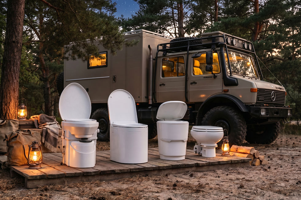 Four different toilet systems in front of an expedition vehicle in outdoor use – composting toilet, separating toilet, welding toilet and macerator toilet compared.