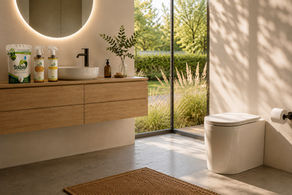 SETRENLO Trenntoilette in modernem Badezimmer mit Solbio Pflegeprodukten zur Reinigung und Vermeidung von Urinstein