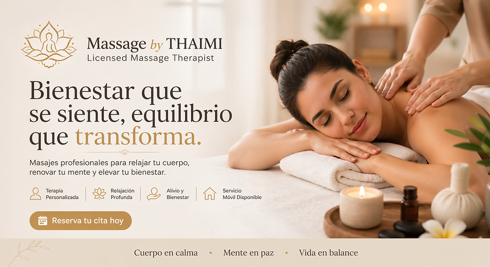 Mujer recibiendo masaje en spa. Texto: "Bienestar que se siente, equilibrio que transforma". Ambiente relajante con velas y flores.