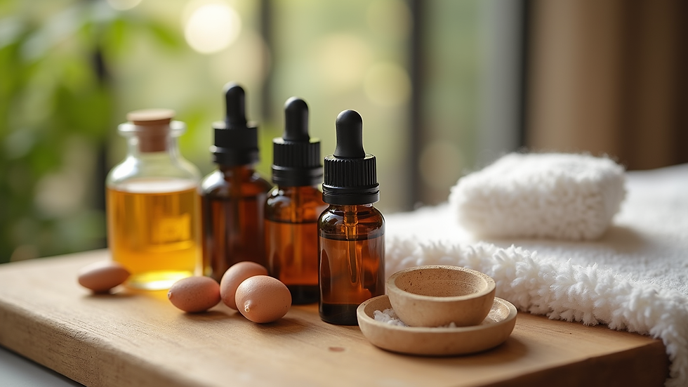Close-up view of essential oils and massage tools arranged neatly
