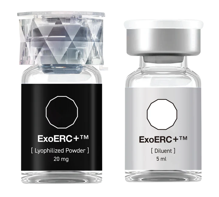 Displayes two bottles of Exosome products for hair loss and skin rejuvenation