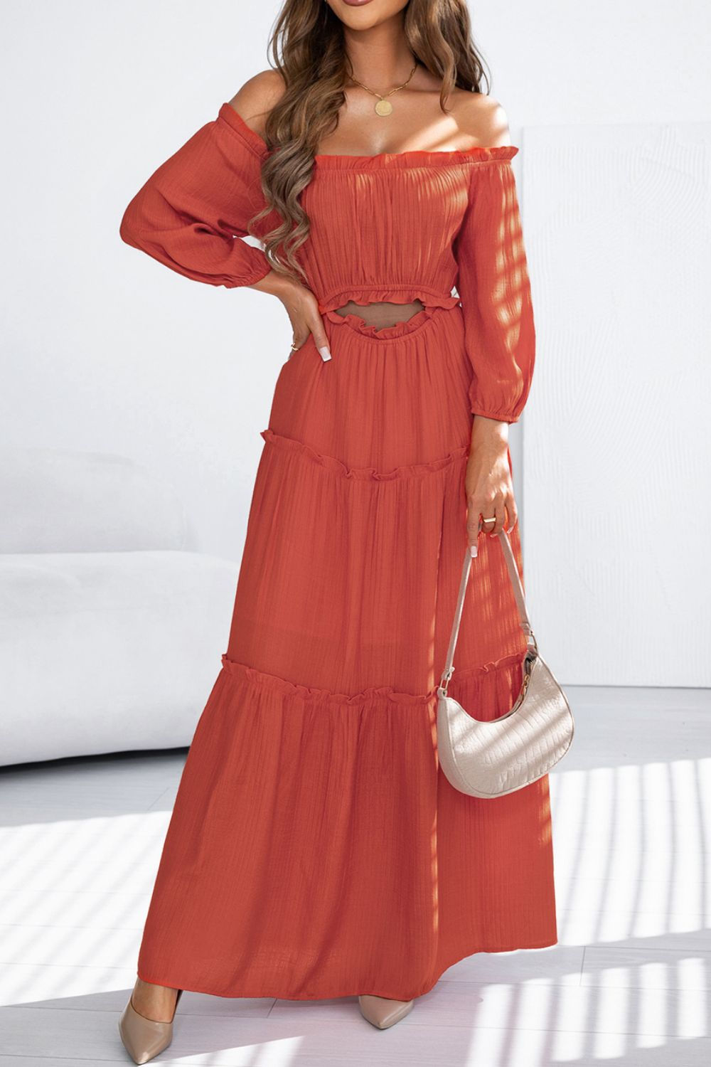 Cutout Frill Off Shoulder Maxi Dress 