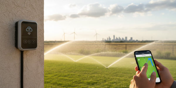 A smart sprinkler controller being adjusted on a wall.