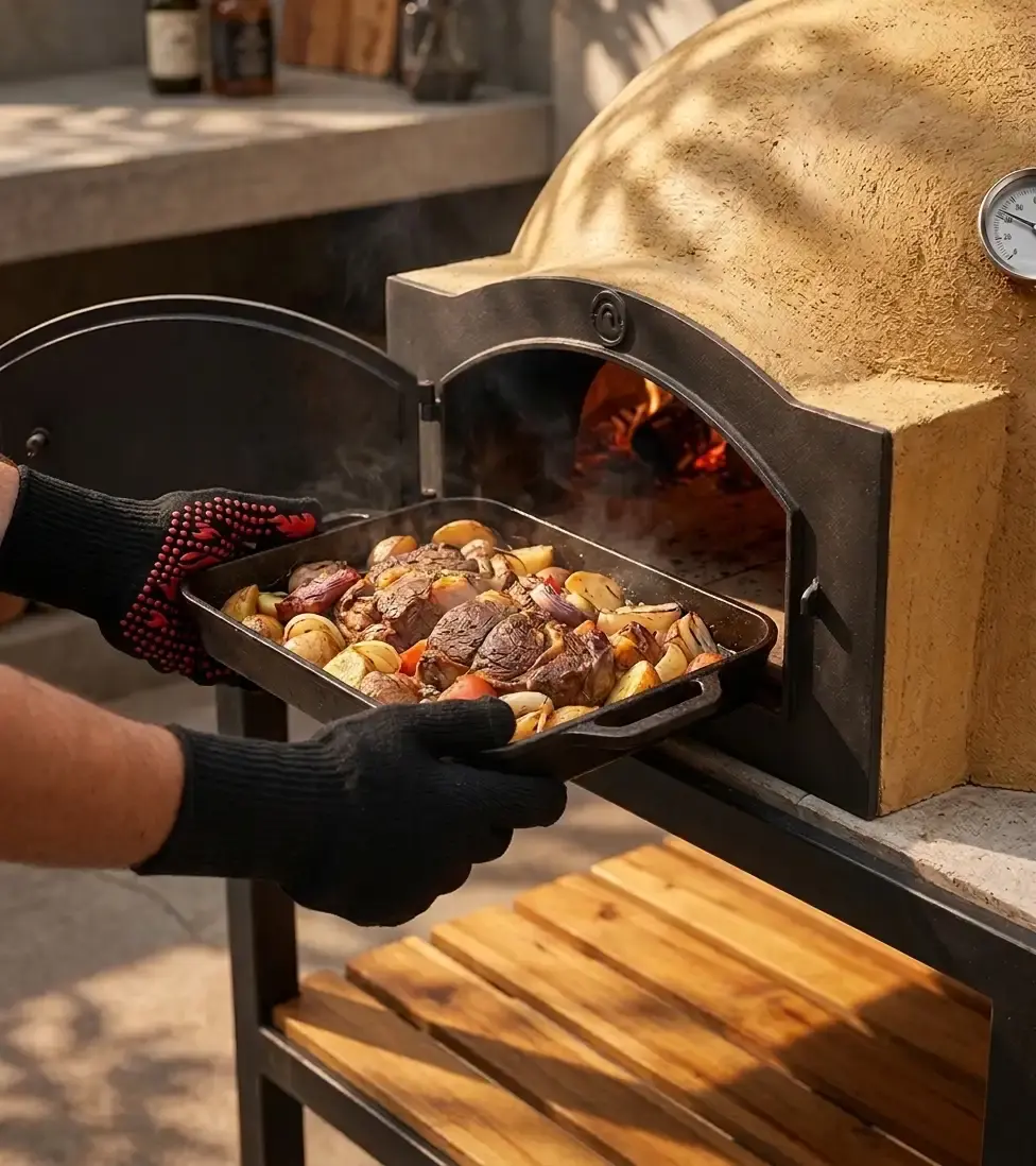 Carne con papas saliendo de hornos de barro a leña.