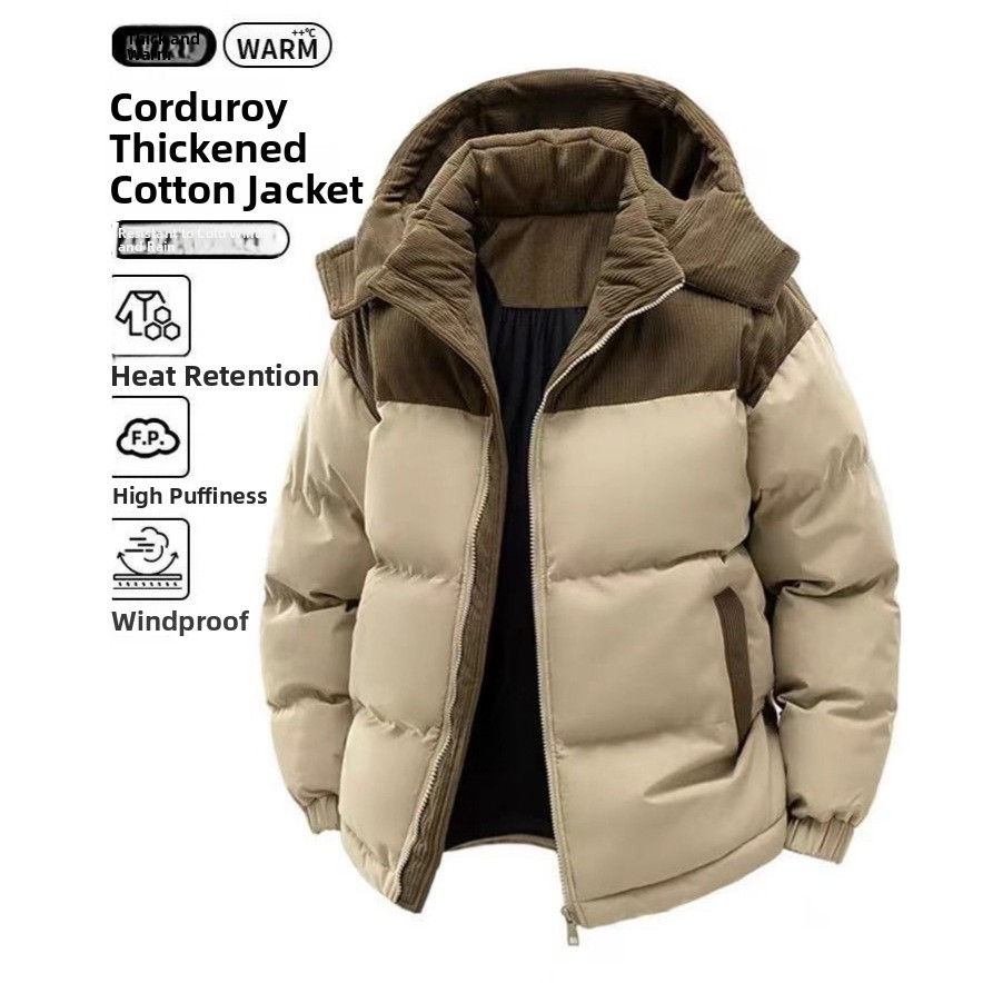 Beige and brown corduroy thickened cotton jacket with hood, heat retention, high fullness, and windproof features