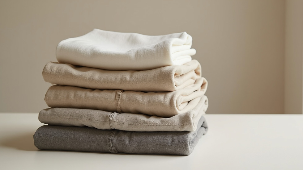 Close-up view of folded minimalist menswear garments in neutral tones