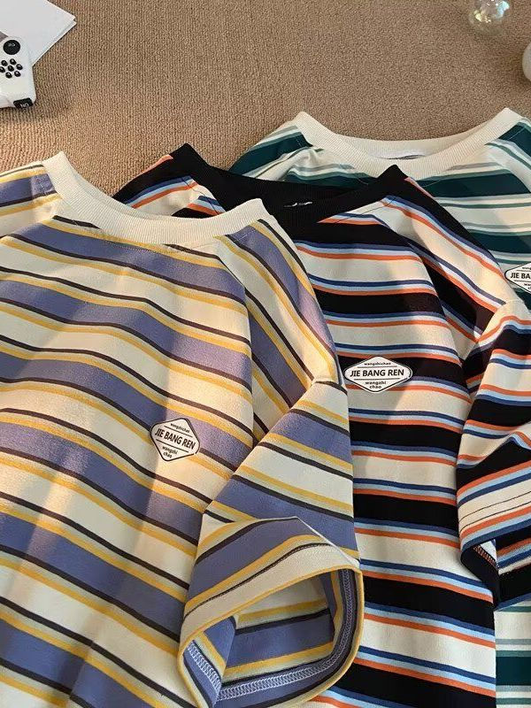 Striped long-sleeve shirts in purple, black, green