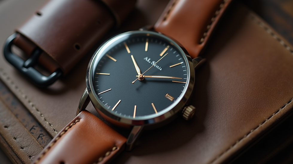 Close-up view of minimalist menswear accessories including a watch and leather belt
