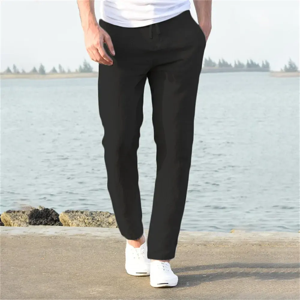 Men's Cotton Linen Pants Male Autumn New Breathable Solid Color Linen Trousers F