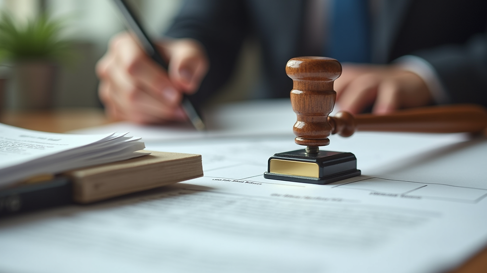 Close-up view of a mobile notary stamp and legal papers on a table