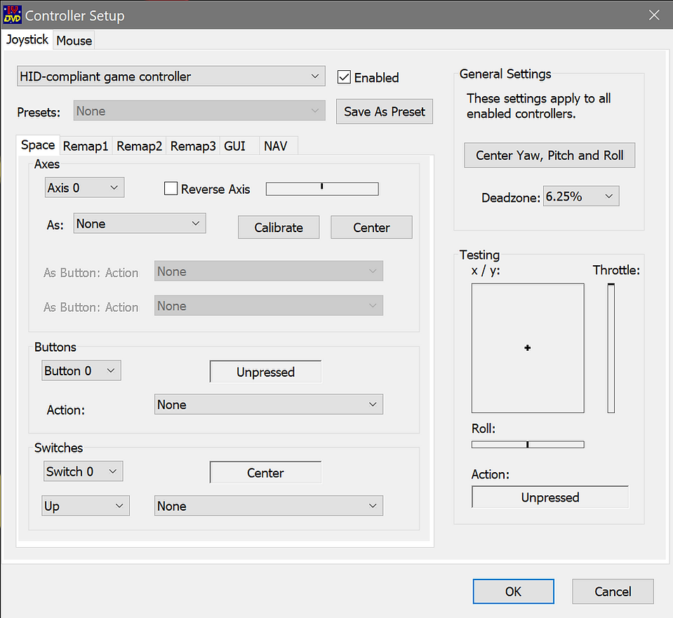 The new joystick setup options dialog box.