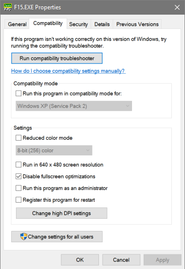 F-15.exe Compatibility settings