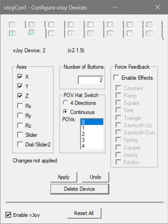 vJoy device, 2 buttons, 3 axes, no hat