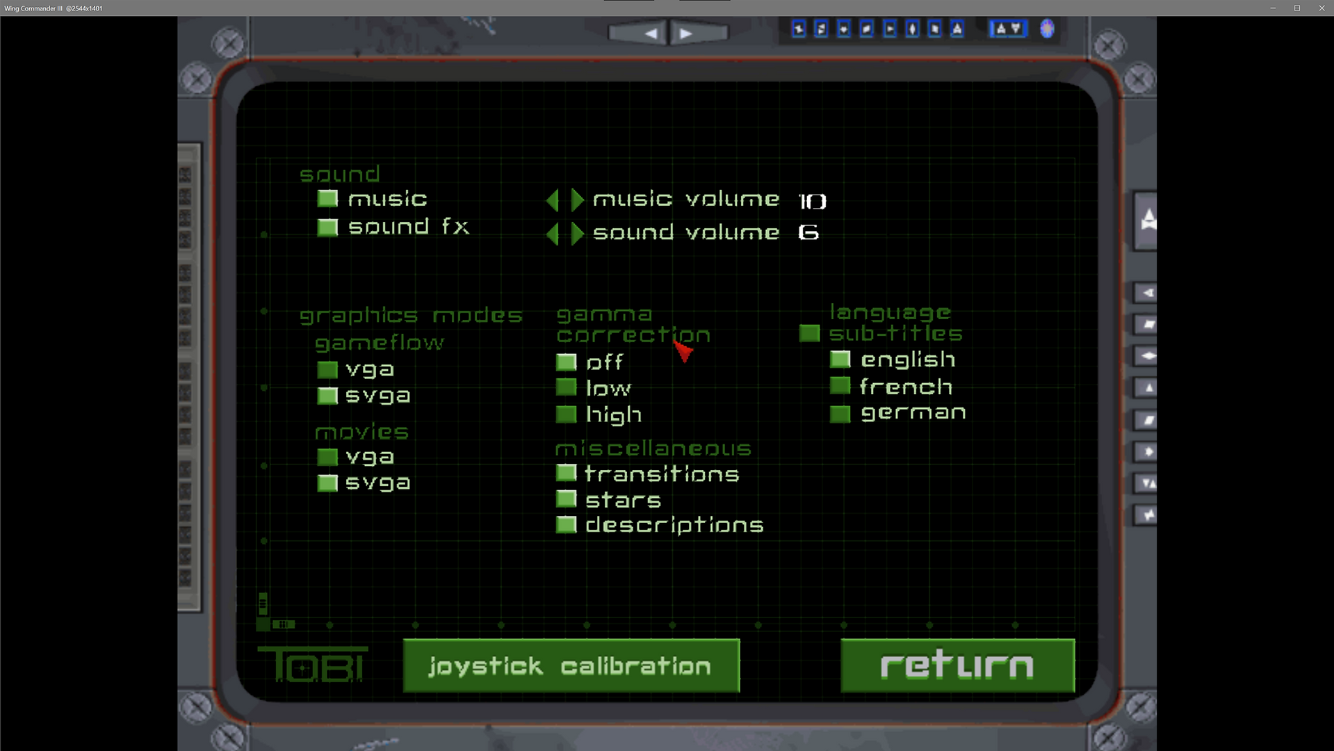 Main Terminal config options. Note the joystick calibration button...